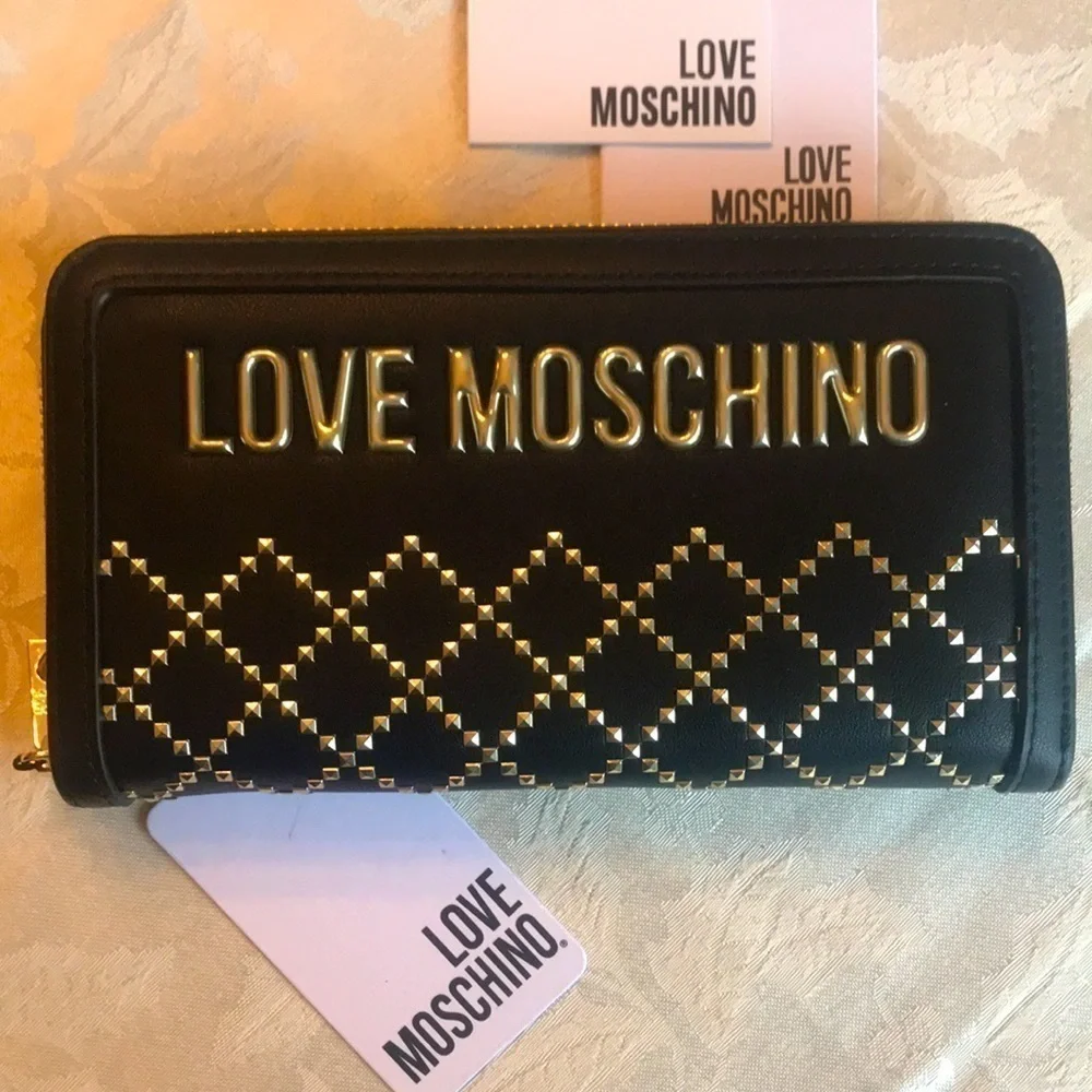 Brand New Love Moschino Black Gold Studded Zip Around Portafogli Nero Wallet